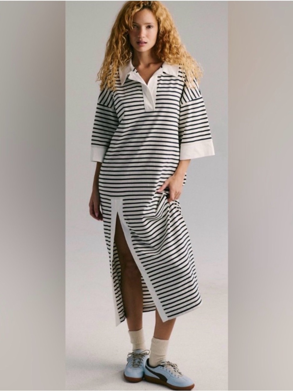 Free People Jackson Rugby Striped Polo Knit Maxi Midi Shirt Dress White Black